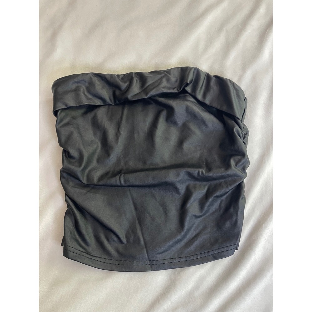 SHEIN Black Faux Leather Ruched Tube Top Strapless Bodice Small S